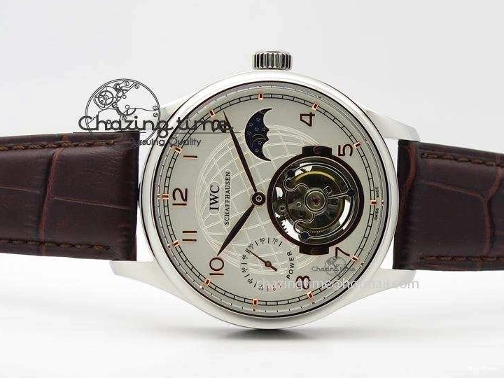 MIROTIME 0213 Chic Portuguese Tourbillon Power Reserve Moonphase SS White Dial Gold Numbers On Black Leather Strap 7319